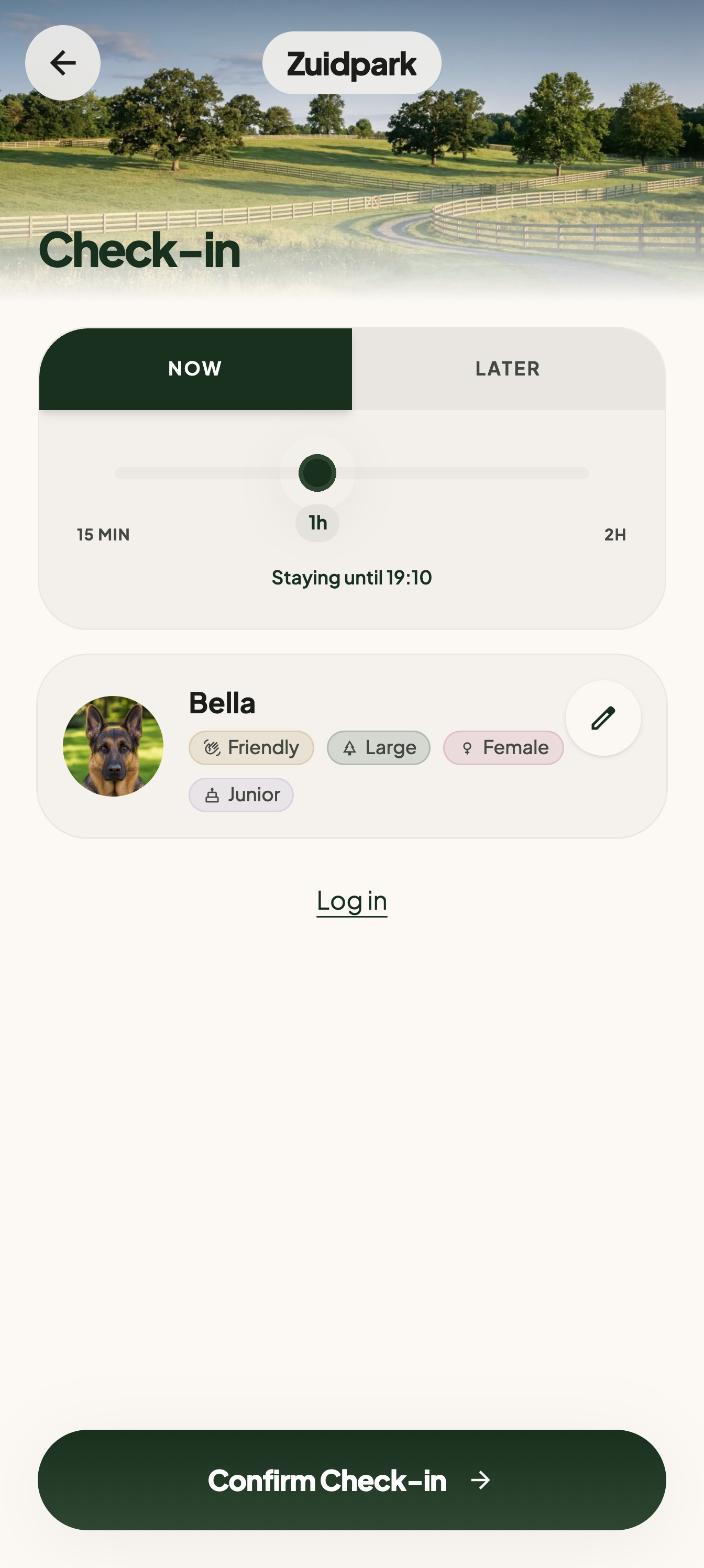 The check-in screen set to Now, with a slider for how long you are staying