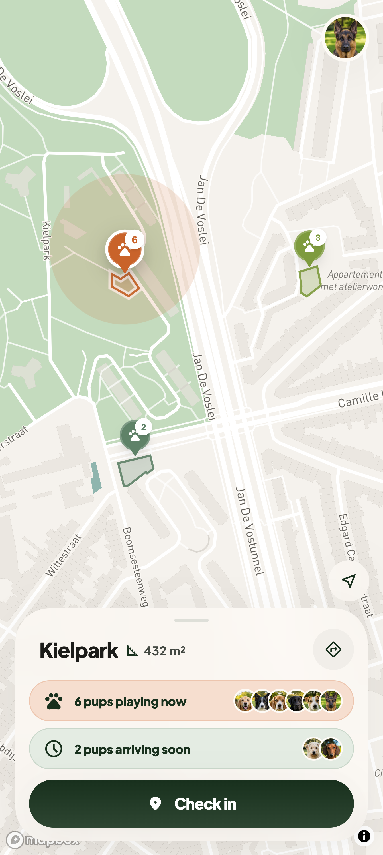 The same three parks on the map: one dog checks in at each in turn, the number on that pin goes up, its colour deepens and a ring pulses around it