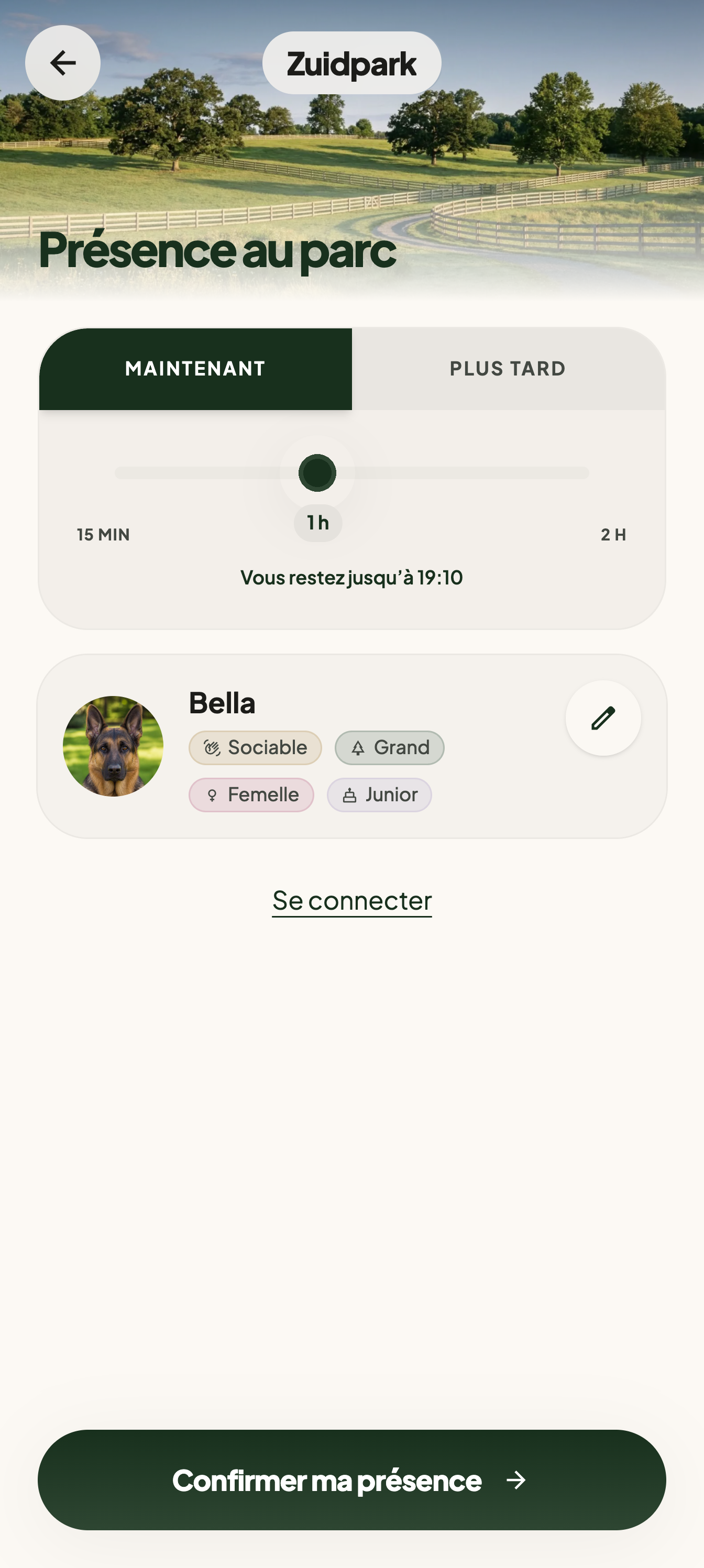L'écran de présence réglé sur Maintenant, avec le curseur de durée et la fiche du chien déjà enregistré sur l'appareil