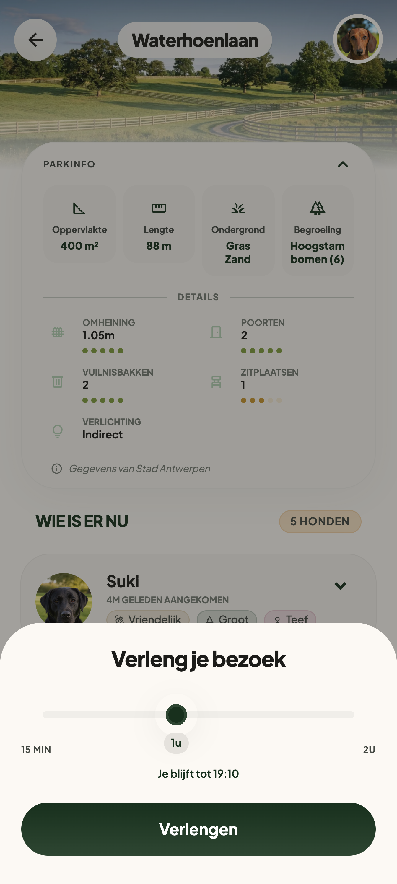 Het parkscherm met onderaan het venster om je bezoek te verlengen: een schuifbalk van vijftien minuten tot twee uur en de knop Verlengen