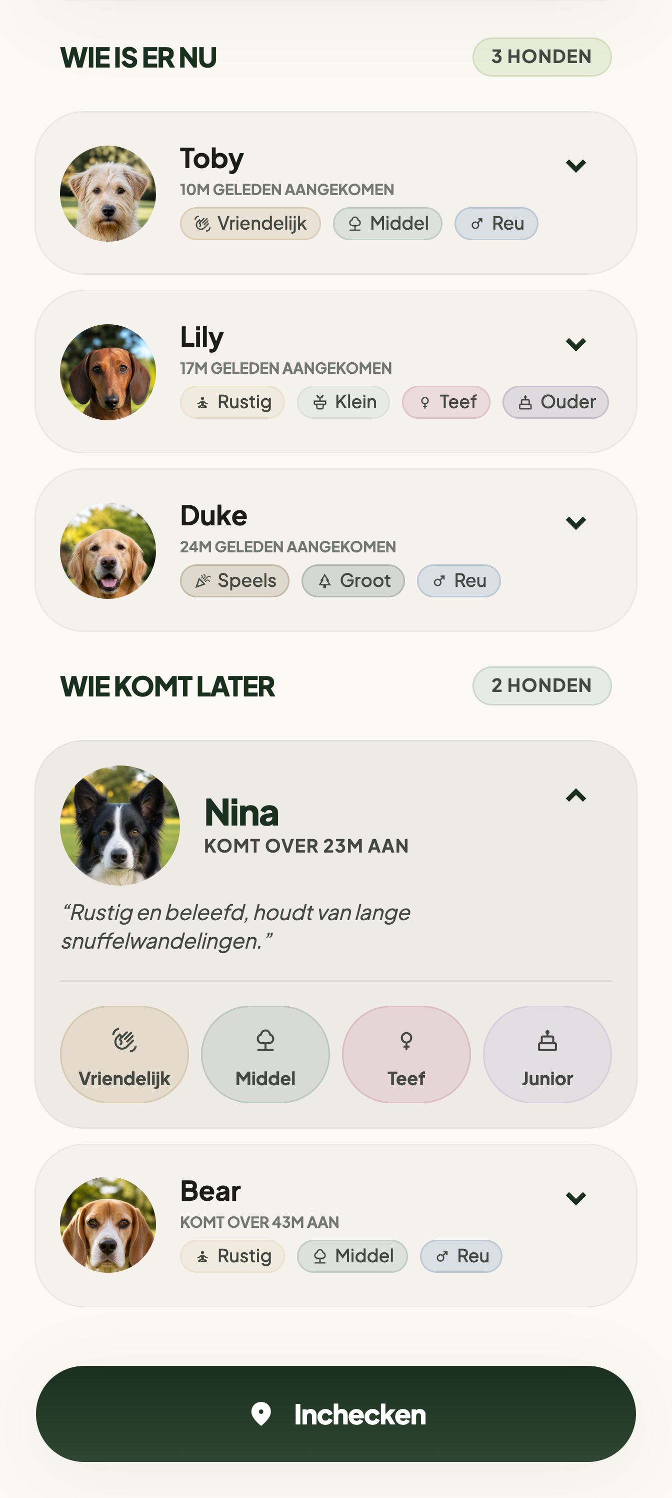 Het parkscherm in twee helften: bovenaan wie er nu is, onderaan wie later komt, met één kaartje open op foto, bio en vier kenmerken
